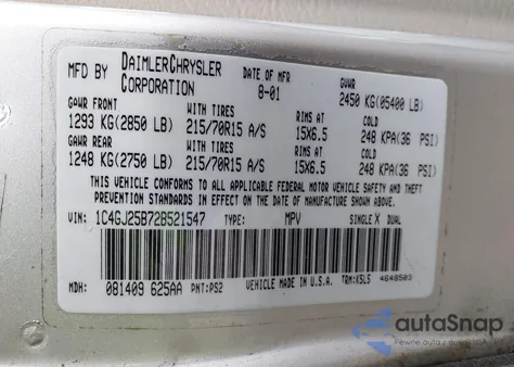 2002 Chrysler Voyager z USA, uszkodzony, nr VIN 1C4GJ25B72B521547